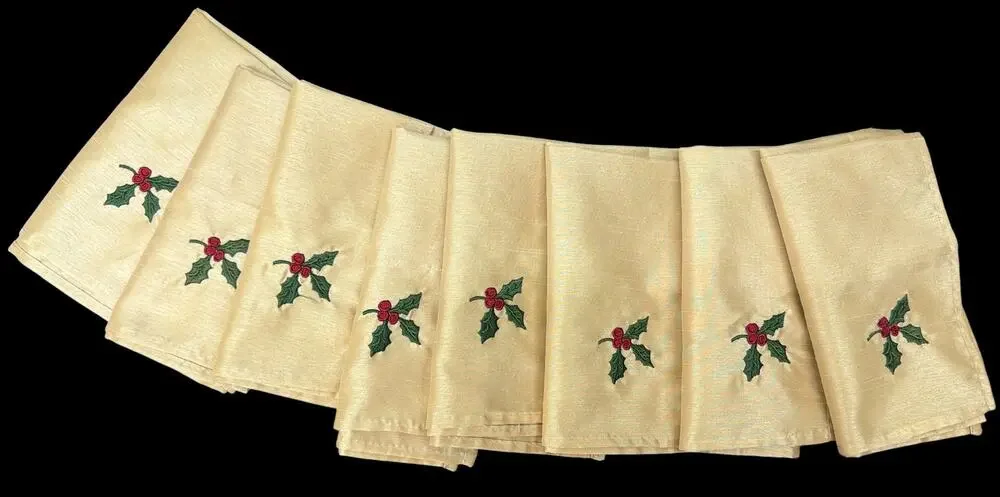 Gold Christmas Cloth Napkins Set of 8 Embroidered Holly 16 Inch Holiday Linens